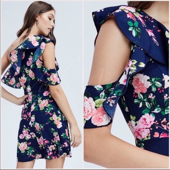 Navy Floral Cold Shoulder Dress - Picture 2 of 6